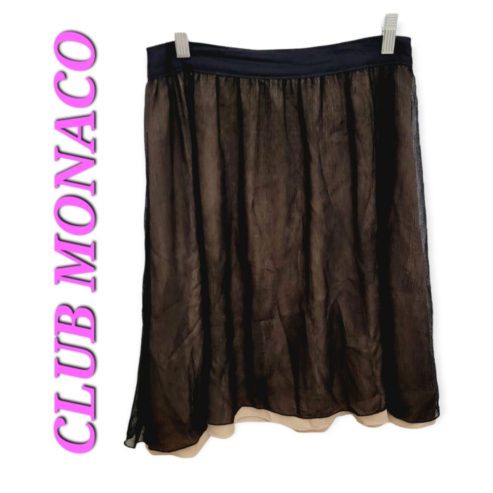 Club Monaco 100% Silk sheer black round/skater/circle Above-knee skirt